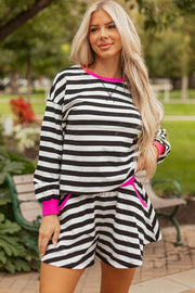 Black Stripe Contrast Ribbed Banding Long Sleeve Blouse Loose Shorts Set