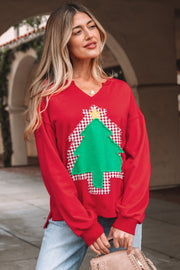 Fiery Red Plaid Frayed Double Christmas Tree Patched Drop Shoulder Sweatshirt