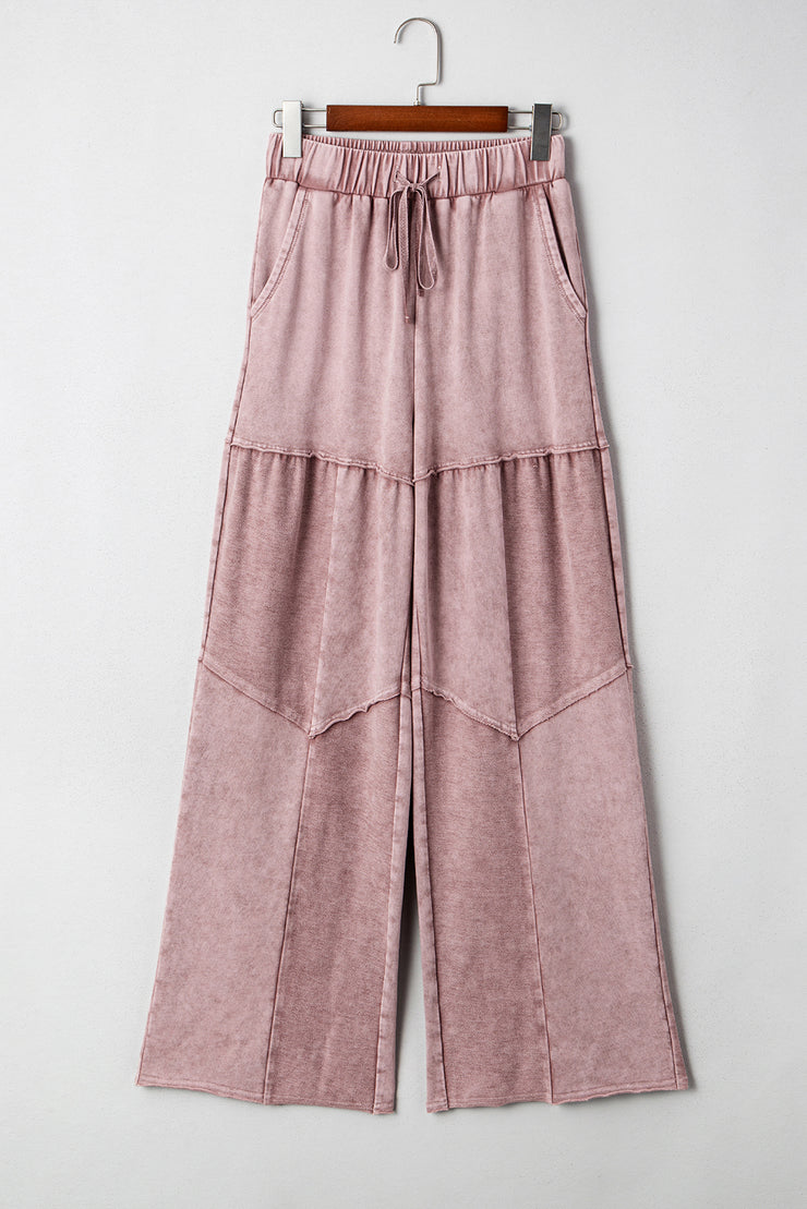 Straw Yellow Mineral Wash Tiered Wide Leg Patchwork Drawstring Pants