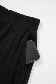 Black Textured Chest Pocket Long Sleeve Top 2Pcs Pants Set