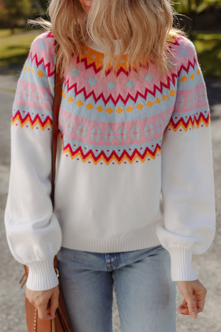 White Ethnic Geometric Colorblock Print Drop Shoulder Sweater