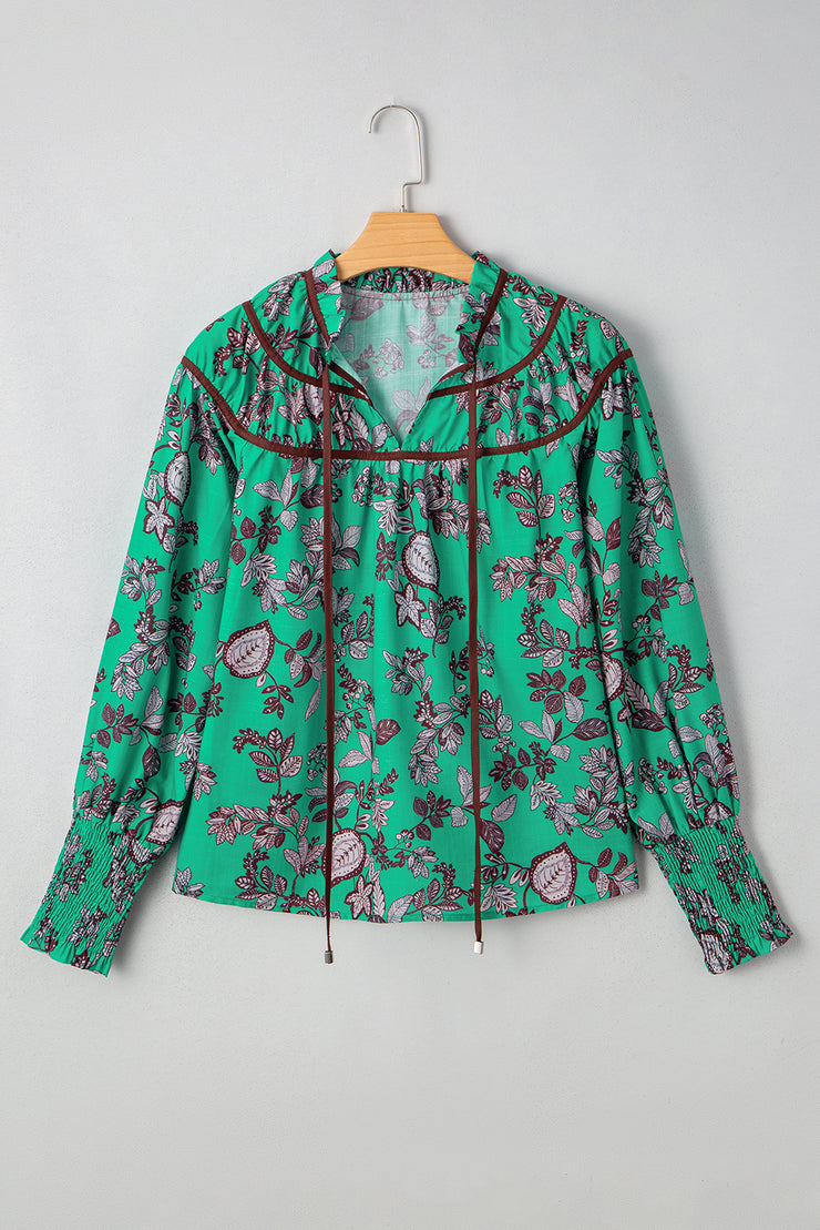 Green Leaves Print Contrast Trim V Neck Shirred Puff Sleeve Blouse