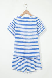 Sky Blue Stripe Knitted Short Sleeve Top and Drawstring Shorts Set