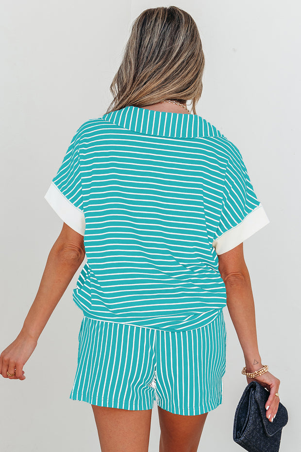 Sky Blue Stripe V Neck Tee and Casual Short Set