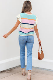 Multicolour Striped Color Block Flutter Sleeve Patchwork Sweater Top