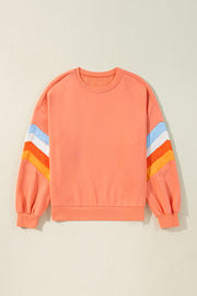 Flamingo Rainbow Striped Sleeve Crew Neck Loose Sweatshirt