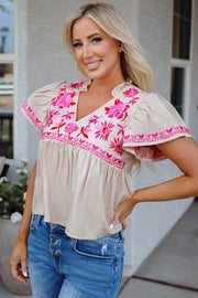 Beige Floral Embroidered Short Sleeve Notched V Neck Blouse