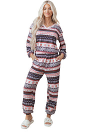 Black Retro Christmas Pattern Loose Pullover 2pcs Lounge Pant Set