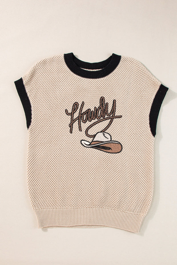 Light French Beige Howdy Cowboy Hat Embroidered Short Sleeve Sweater