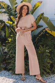 Smoke Gray Solid Corded Knit Short Sleeve T Shirt and Wide Leg Pants Set