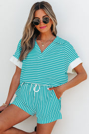 Sky Blue Stripe V Neck Tee and Casual Short Set