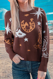 Brown Cowgirl Fashion Print Casual Sweater