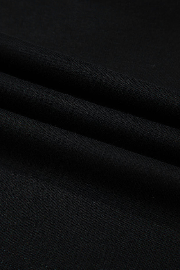 Black Solid Drop Shoulder Drawstring Cropped Hoodie