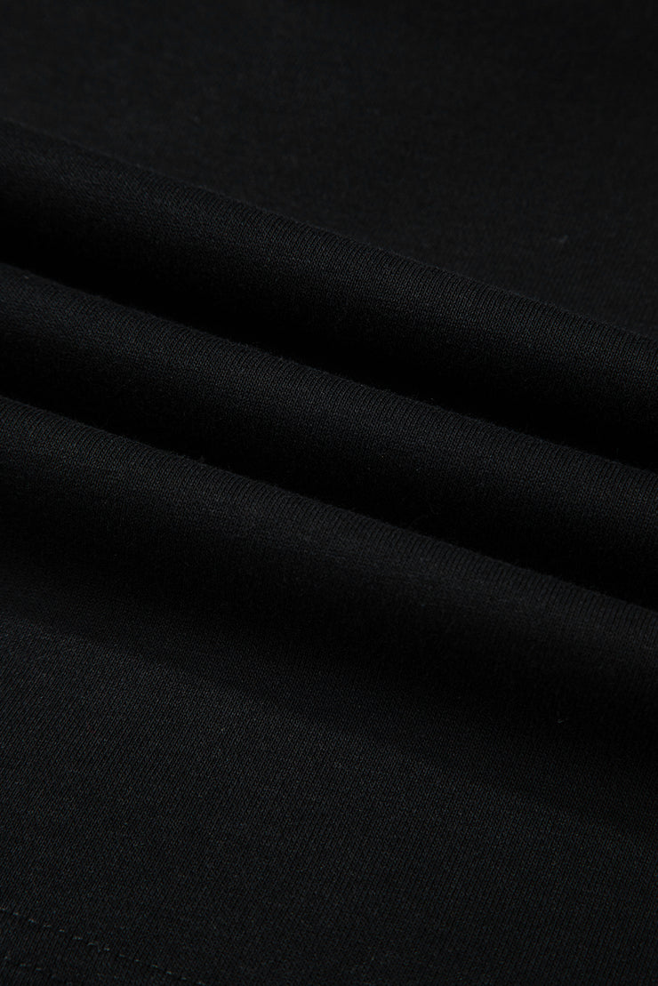 Black Solid Drop Shoulder Drawstring Cropped Hoodie