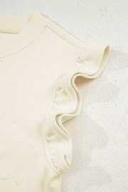 White Bow Jacquard Ruffle Sleeve Short 2pcs Outfit