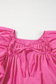 Sachet Pink Shirred Yoke Lace up V Neck Ruffled Sleeve Blouse