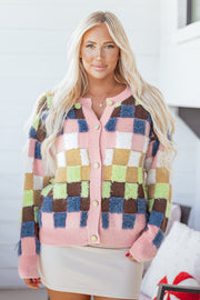 Multicolour Plush Checkered Pattern Button Front Cardigan Sweater
