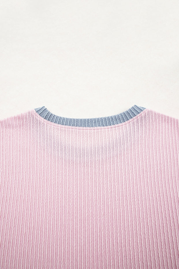 Light Pink Colorblock Corded Short Sleeve Boxy Top and Shorts Set