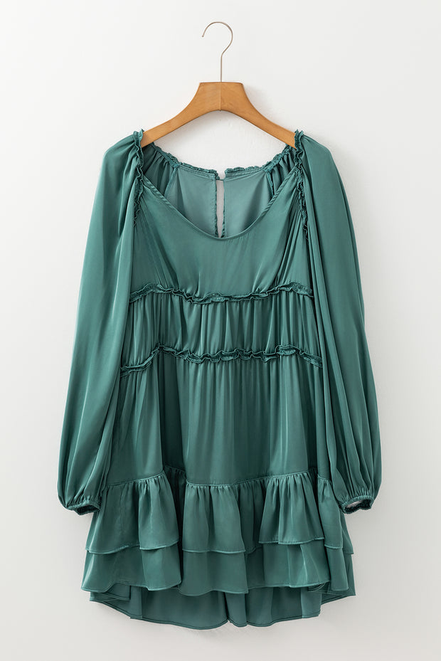 Mist Green Tiered Ruffled Puff Sleeve Loose Fit Mini Dress