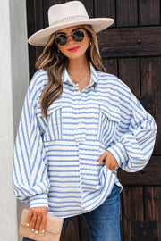 Sky Blue Stripe Half Button Collared Chest Pockets Loose Fit Blouse