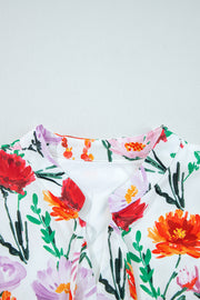 Beige Floral Print 3/4 Puff Sleeve Ricrac Trim Mini Dress