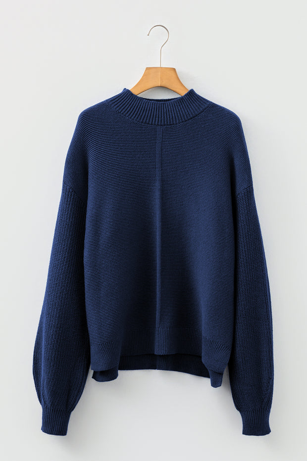 Dirty blue Solid Color Front Seam Drop Shoulder Loose Sweater