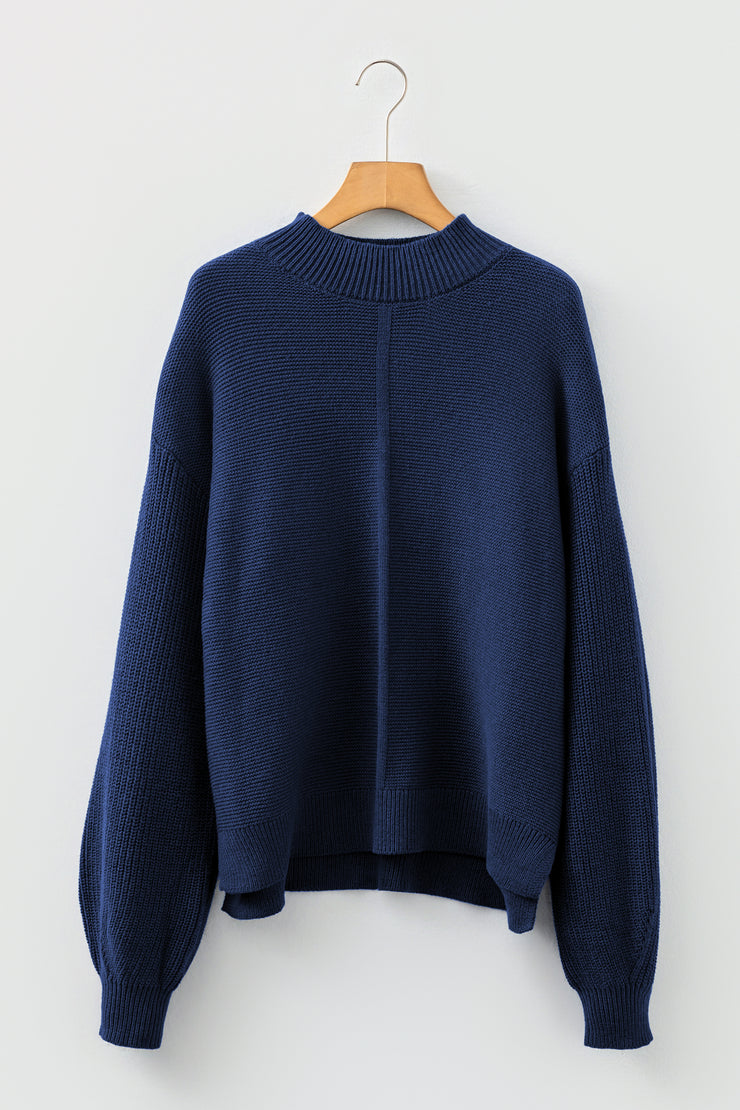 Dirty blue Solid Color Front Seam Drop Shoulder Loose Sweater