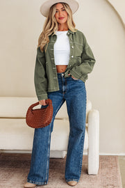 Smoke Green Patched Pocket Collared Button Front Boyfriend Denim Jacket