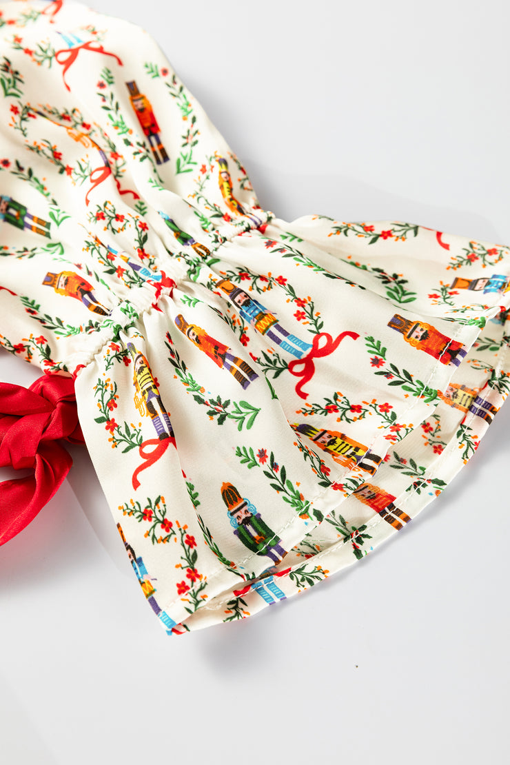 Beige Nutcracker Print Contrast Trim Tied up Bow Silky 2pcs Pajama Set