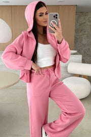 Pink Solid Color Zip Up Hoodie Drawstring Loose Pants Set