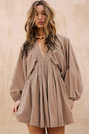 Smoke Gray Deep V Neck Bubble Sleeve Smocked Mini Dress