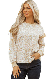 Khaki Leopard Ruffle Detail Ribbed Trim Round Neck Sweatshirt