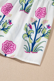 White Floral Puff Short Sleeve V Neck High Waist Maxi Dress