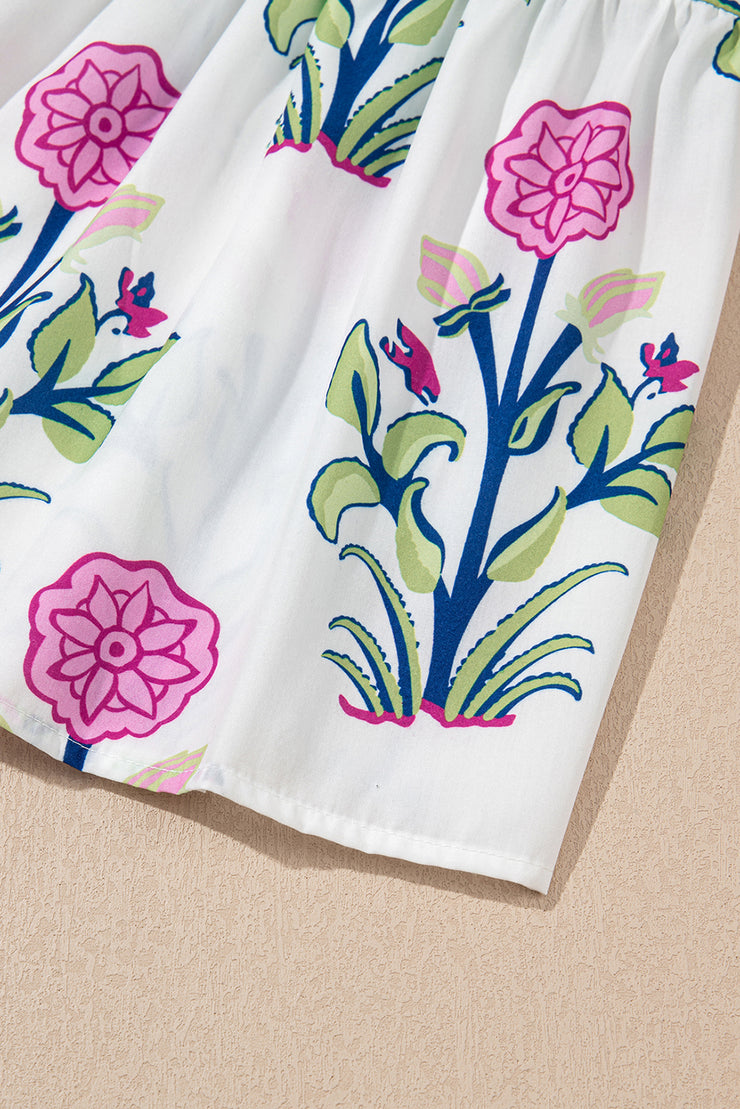 White Floral Puff Short Sleeve V Neck High Waist Maxi Dress