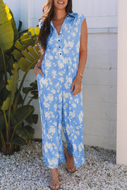 Myosotis Floral Print Half Button Wide Leg Relaxed Sleeveless Jumpsuit