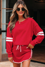 Fiery Red Varsity Stripe Detail Drop Shoulder Pullover Mini Skirt Set