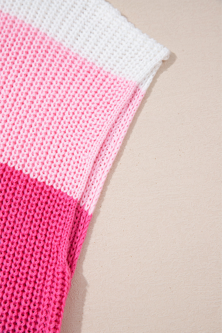 Pink Color Block Notch V Neck Sweater T Shirt