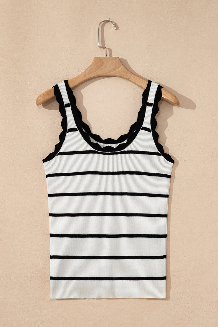 Black Striped Scalloped Edge U Neck Sleeveless Sweater Vest