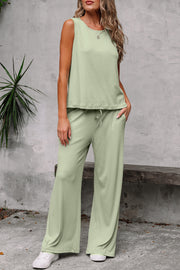 Smoke Green Textured Tank Top and Drawstring High Waist Pants Set