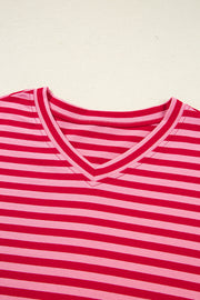 Strawberry Pink Mix Striped Drop Shoulder Patchwork Sleeve V Neck Pullover