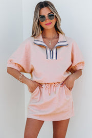 Light Pink Striped Collared Zip up Textured Skirt Set