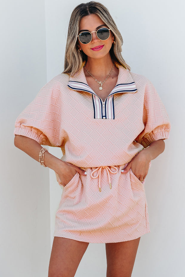 Light Pink Striped Collared Zip up Textured Skirt Set