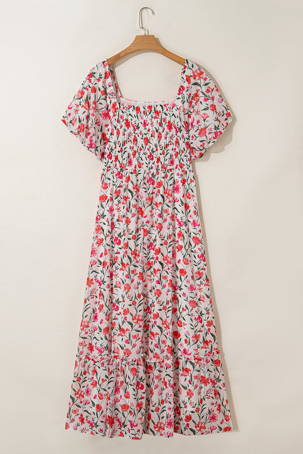 Pink Plus Size Floral Square Neck Puff Sleeve Ruffle Maxi Dress