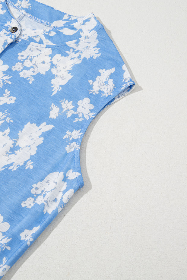 Myosotis Floral Print Half Button Wide Leg Relaxed Sleeveless Jumpsuit