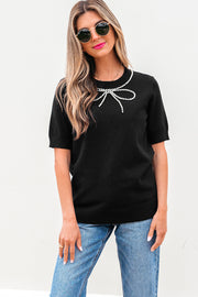 Black Pearl Bow Necklace Embellished Short Sleeve Knitted T Shirt