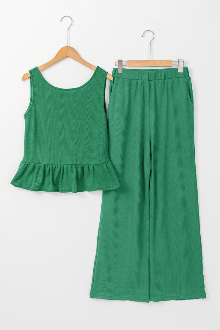 Green Solid Color Ribbed Ruffle Tank Top and Pants Set
