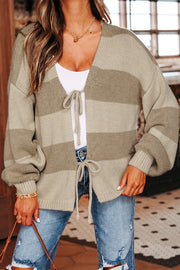 Khaki Striped Color Block Brushed Knit Bow Tie Front Sweater Cardigan
