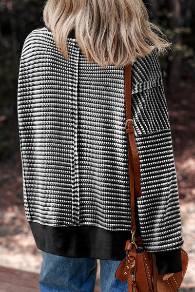 Black Stripe Ribbed Trim Drop Shoulder Long Sleeve Oversize Top