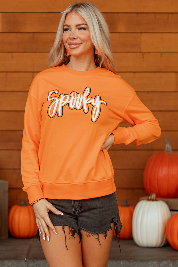 Grapefruit Orange Spooky Graphic Halloween Crew Neck Holiday Sweatshirt