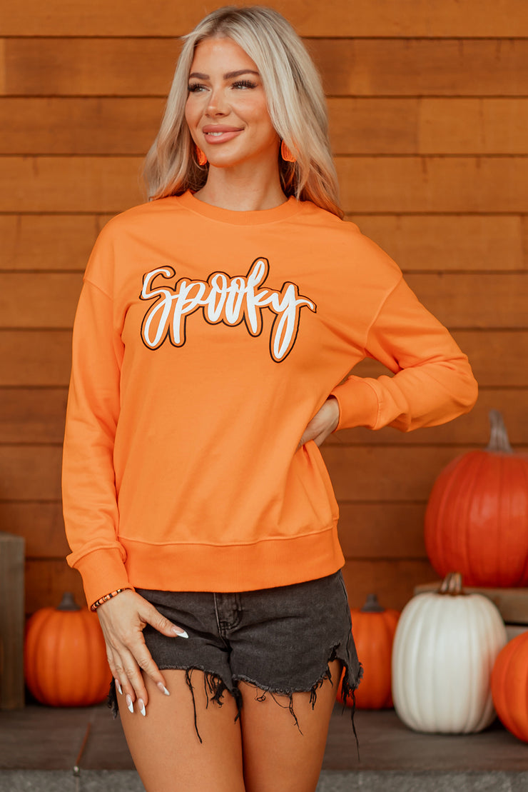 Grapefruit Orange Spooky Graphic Halloween Crew Neck Holiday Sweatshirt